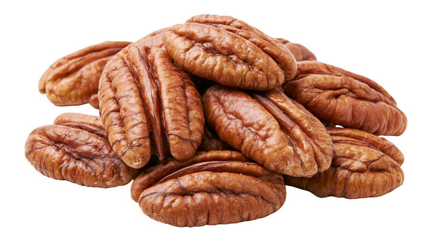 Pile of shelled pecan halves with rich brown textured skin, isolated on transparent background