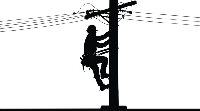 Professional technician on power pole maintaining overhead electrical lines with equipment