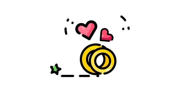 Animated two pink hearts float above interlocking yellow rings. Green star glows below the rings. Bubbles and lines suggest joyful motion. Perfect for love, unity, or celebration themes