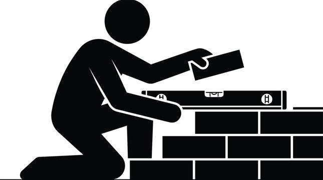 Mason laying bricks with level tool construction building wall icon simple vector graphics