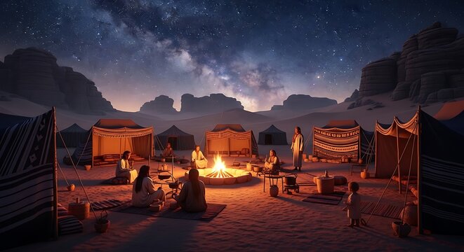 Starry night desert camp under the Milky Way