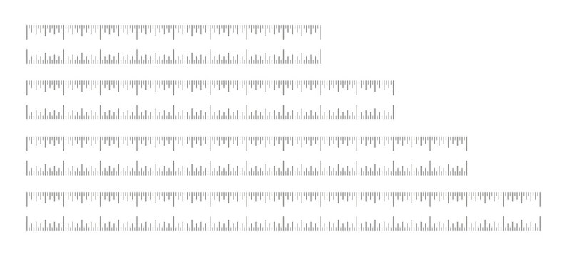 Measuring charts 8, 10, 12, 14 inches set. Ruler scales eight, ten, twelve, fourteen inch black icons layout. Sewing tool. Length measurement math, distance, height.