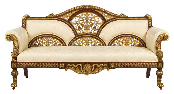 Ornate wooden sofa with gold leaf carvings and cream upholstery