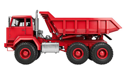 Bright red dump truck with large tires, isolated on transparent background © PNGera