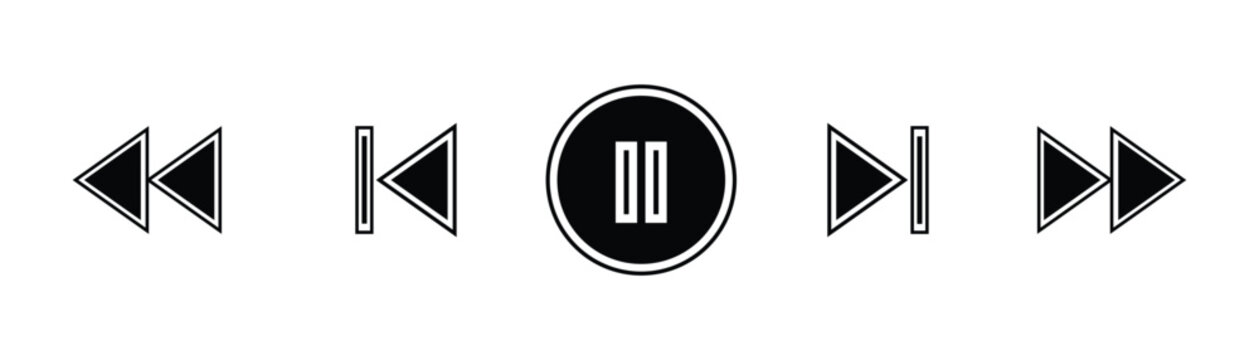 Vector illustration of pause button icon with forward, backward, fast forward and fast rewind buttons in filled design. audio player buttons in black color.