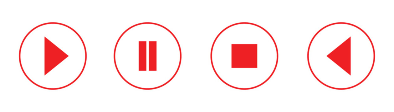 Play, pause and stop button featuring in a round frame- vector icon illustration. Red play and pause vector button icons isolated on white background. EPS 10.