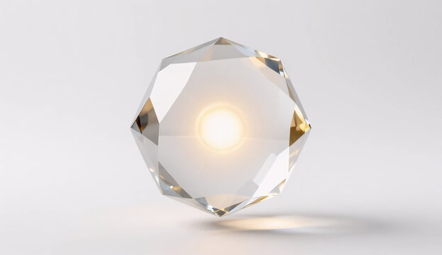 Floating glass octahedron node: geometric crystal sculpture with glowing gold core
