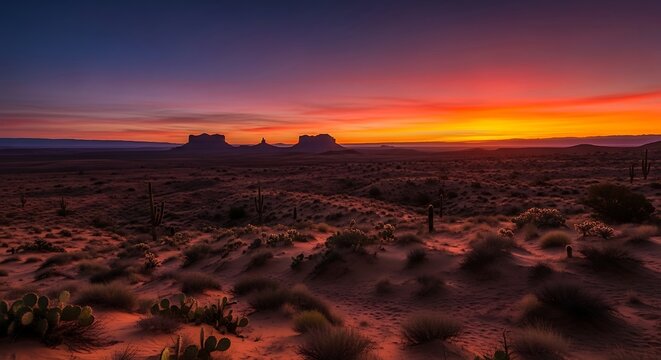 Red sunset sky over vast desert landscape.