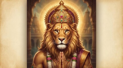 Fototapeta premium Majestic Anthropomorphic Lion Deity in Reverent Gesture with Golden Crown