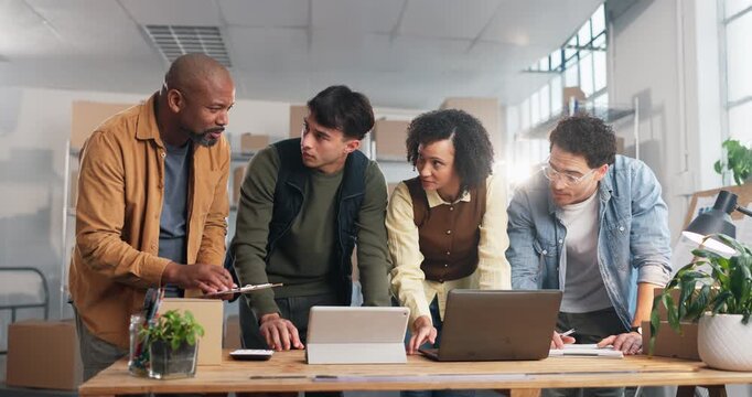 Office, team and people on tablet for shipping, supply chain and planning for delivery schedule. Business, meeting and workers on tech for inventory list for distribution, logistics report and order