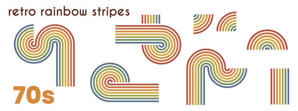 Retro 70s stripe element set. S-curve, spiral, arch, wave, corner, straight multiline shapes. Earth-tone rainbow colors. For poster, logo, print, pattern, background. Vector geometric elements.