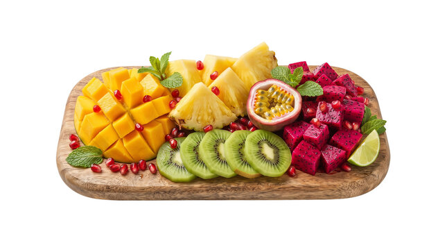 Tropical fruit platter with mango and dragon fruit, fresh sliced pineapple and kiwi on wooden board, healthy vegan snack isolated PNG with Transparent Background
