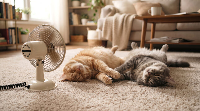 Two Cats Lying on Backs on Rug in Front of Electric Fan