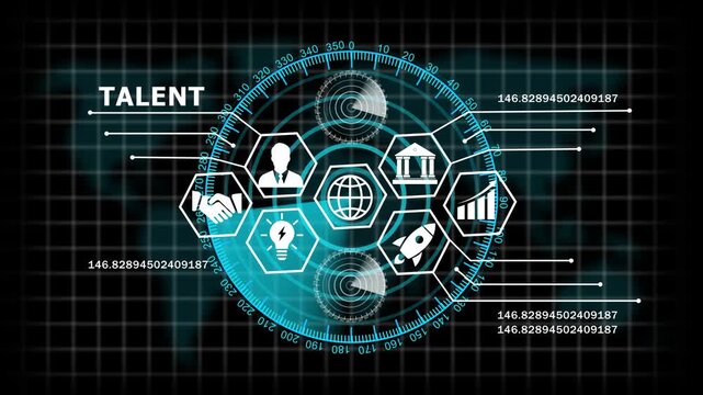 Futuristic digital hud interface featuring global talent acquisition analytics, corporate growth metrics, business network connectivity, and advanced data visualization for modern enterprise solutions