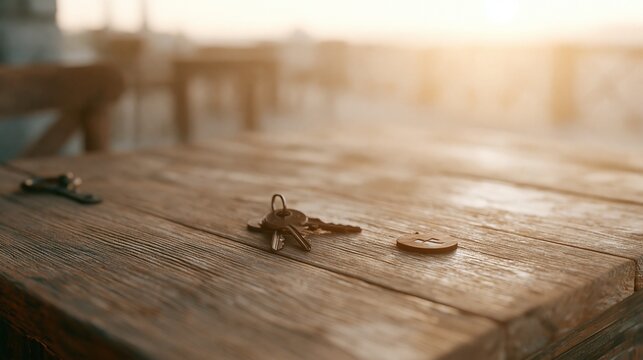 Set of vintage keys and coin resting on a weathered wooden table in warm sunlight