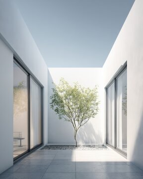 Minimalist White Courtyard With Central Green Tree