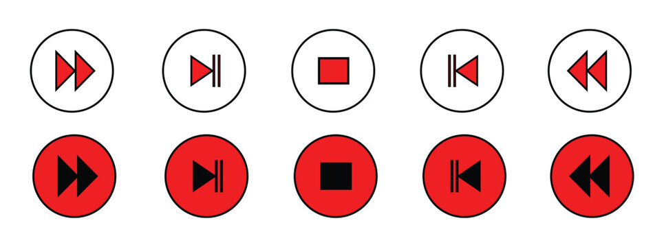 Set of red audio player buttons with stop, next, forward reverse, fast rewind and fast forward icons in circles. Glyph and filled play and pause icon. Vector illustration.