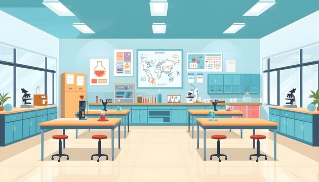 Modern school science laboratory interior with classroom desks and scientific equipment