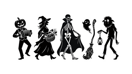 Fototapeta premium A spooky silhouette parade classic halloween characters ready for trick or treating and festive fun