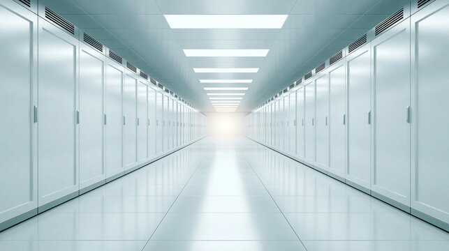 Endless bright white modern server room hallway with rows of illuminated cabinets and ceiling lights