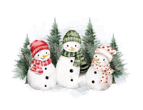 Watercolor Illustration of Snowman and Christmas Tree in Winter