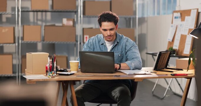 Smile, man and laptop in small business for logistics, fleet tracking system and online invoice. Happy, person and tech in supply chain for shipment status, digital receipt and bill of lading review