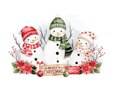 Watercolor Illustration of Snowman and Christmas Ornaments in Winter