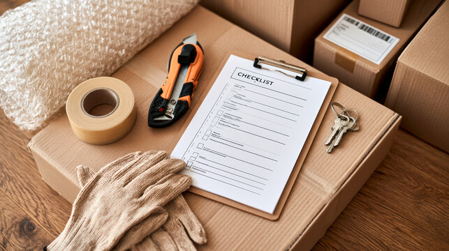Household moving supplies with cardboard box tape gloves keys and packing tools
