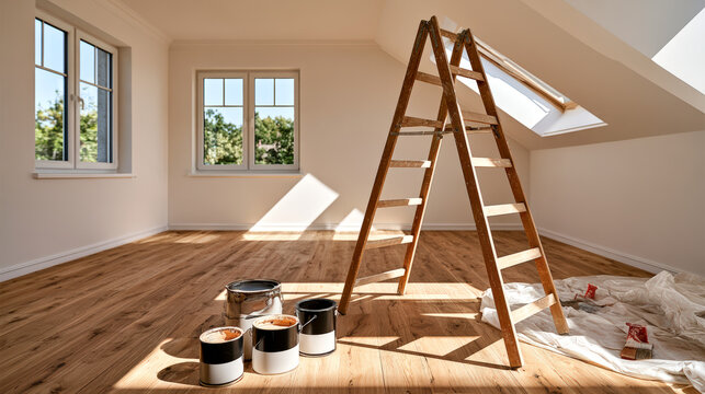 Attic home renovation with wooden ladder paint cans skylight and protective sheets