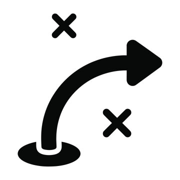 Black arrow symbol with two x marks around it on white background