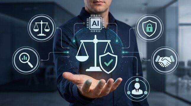 Corporate compliance officer interacting with a digital interface for intelligent ethical governance and regulatory data security