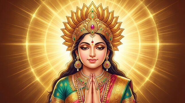 Divine Indian goddess with glowing golden halo and traditional crown offering blessing gesture
