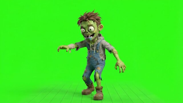 Cartoon zombie character walking on a green screen background