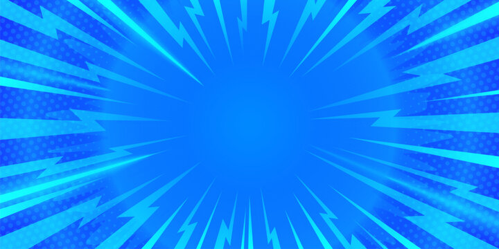Lightning bolt explosion on pop art background with cartoon burst effect. Dynamic electric strike backdrop with radial rays, manga style patterns and abstract superhero energy for vector design.