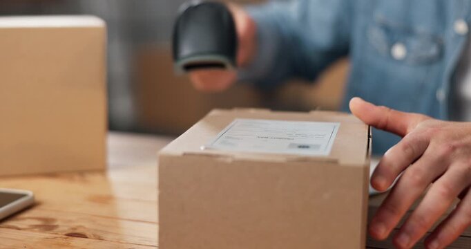 Person, hands or box with label scanner for logistics, supply chain or delivery instructions. Stock, employee or sticker with package, parcel or scanning for distribution or courier service in shop