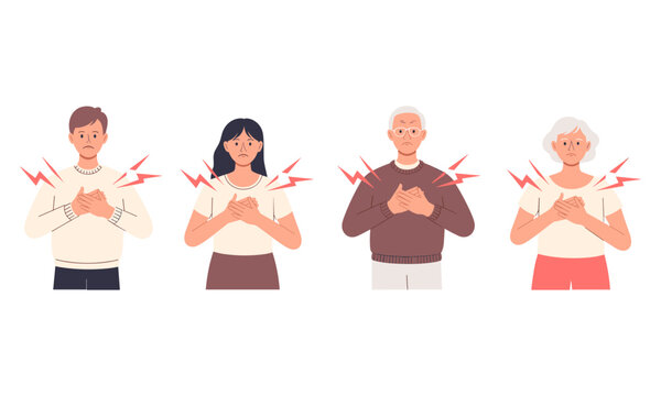 People suffering from chest pain vector set, characters having heart attack symptoms illustration on white background