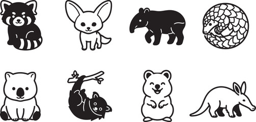 Naklejka premium Cute Animals Collection, Black and White Vector Illustrations, Adorable Wildlife Sticker Pack, Fennec Fox, Koala, Red Panda, Tapir, Sloth, Armadillo, Hamster, Snake, Educational Set For Design