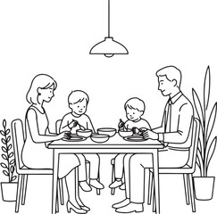 Fototapeta premium Happy family having dinner together at dining table line art illustration