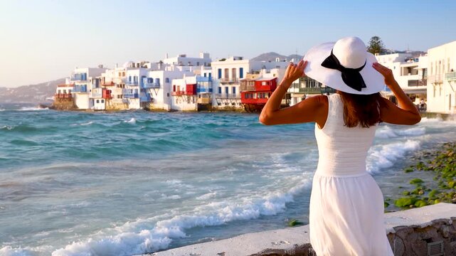 A tourist woman in a white summer dress looks at the famous district of Little Venice in Mykonos, Cyclades island, Greece, during sunset