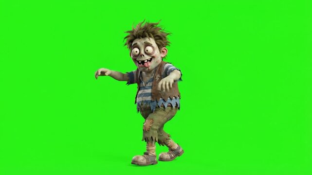 Funny cartoon zombie walking on a green screen background