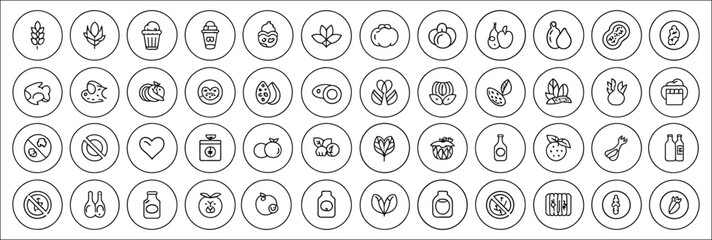 Fototapeta premium Allergen free outline icon set featuring gluten free, fish free, nut free, lactose free and GMO free line symbols, ideal for food packaging, nutrition labeling, dietary guidance, health awareness