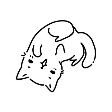 Cute hand drawn chibi cat rolling on back line art illustration