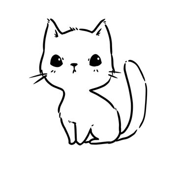 Cute hand drawn chibi cat sitting with tail raised line art illustration