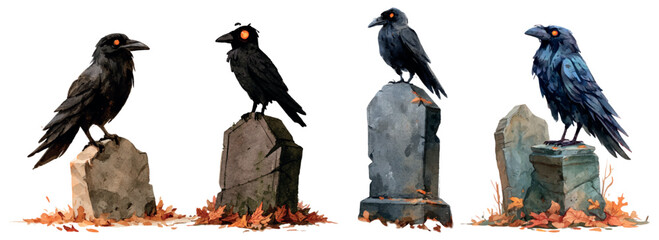 Naklejka premium Four dark ravens with glowing orange eyes perching on various ancient tombstones, with dry autumn leaves scattered around their bases, illustrating a creepy graveyard scene