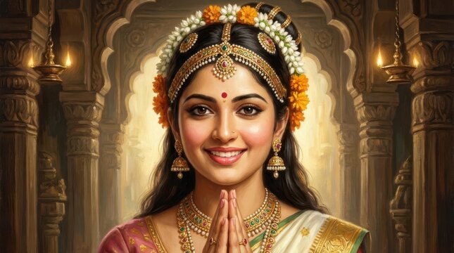Beautiful woman in traditional attire performing a respectful greeting