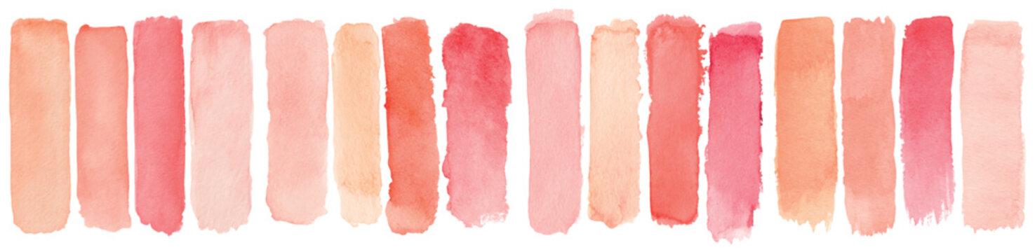 Watercolor paint strokes creating a vibrant, artistic banner, showcasing a gradient color palette of warm orange, pink, and red hues for creative design backgrounds and art inspiration