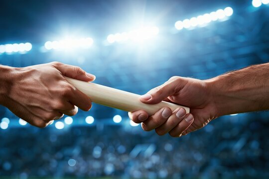 Athletes passing baton during handover ceremony under stadium lights at night