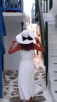 A tourist woman woman walks through the town of Mykonos island, Cyclades, Greece, with the whitewashed houses and alleys