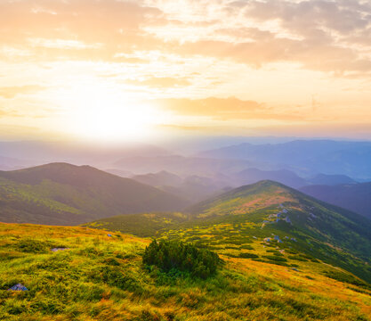 summer green mountain valley at the sunrise, early morning mountain travel scene