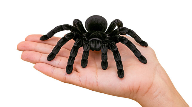 Black big hairy tarantula spider on person hand palm transparent isolated background PNG element